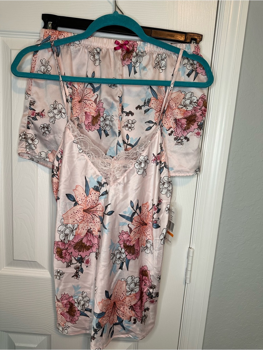 Flora Nikrooz Pink Floral Satin Lace-Trim Chemise & Shorts Set